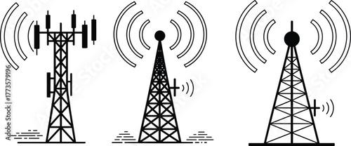 Illustration of three communication towers emitting wireless signals, broadcast antennas, network transmission, signal waves, technology icons, black and white design