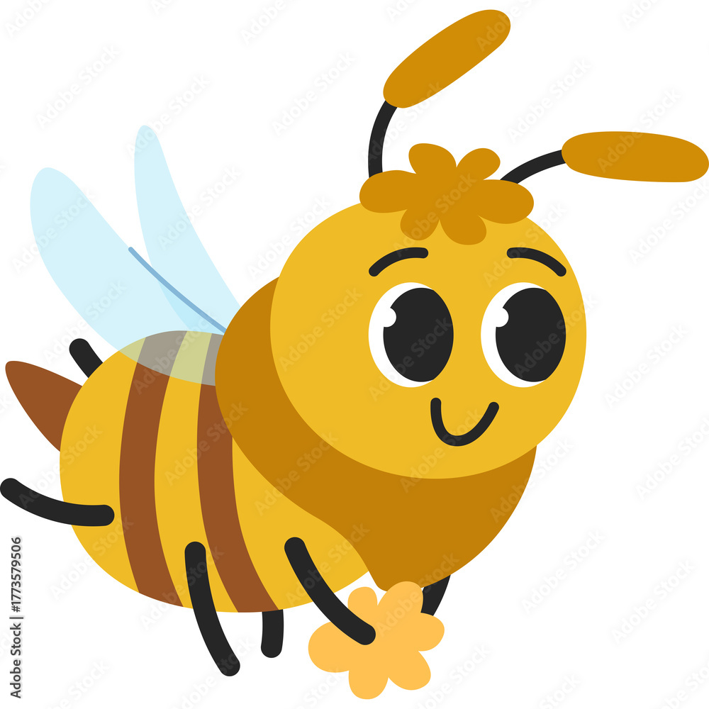 Obraz premium Cute cartoon bee with yellow and brown stripes and light blue wings holding a small yellow flower on a transparent background