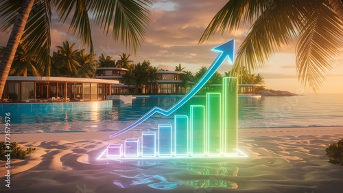 Business Growth Chart Rising from Beachfront Resort