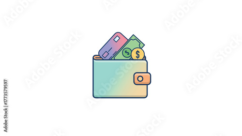Lineal Color Wallet Icon with Credit Card and Cash: Financial Payment and E-Wallet Vector Illustration