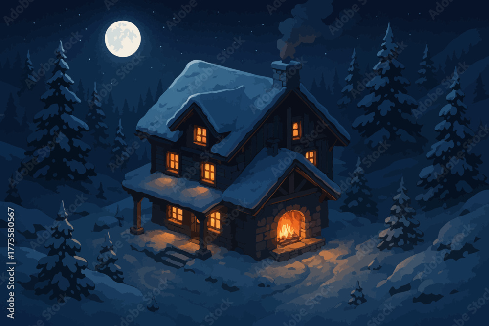 Fototapeta premium Cozy cabin in snowy forest under full moon night