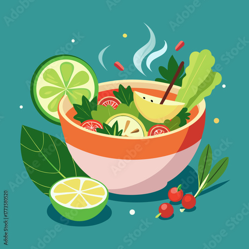 Aromatic Vegetable Soup: A vibrantly colored bowl brimming with a steaming, nutritious soup, showcasing fresh vegetables and invigorating aromas.