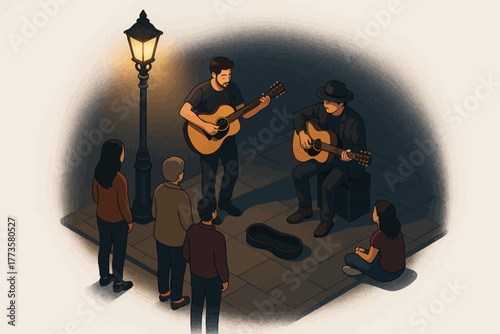 Street performance by two male musicians with acoustic guitars at night