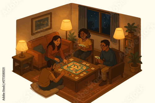 Diverse group of adults enjoying board game night in cozy living room