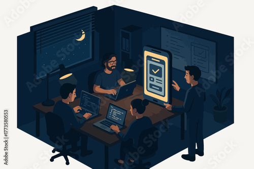 Diverse team of developers collaborating on project at night in office setting