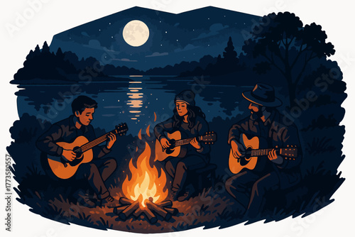 Caucasian young adults playing guitars around campfire by moonlit lake