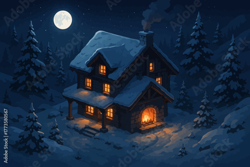 Cozy cabin in snowy forest under full moon night