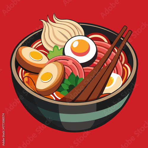 Delicious Ramen Illustration: A captivating illustration of a rich, flavorful ramen bowl, complete with noodles, eggs, and delectable toppings, promising a symphony of taste and textures.