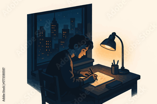 Young caucasian male artist drawing at night in city apartment