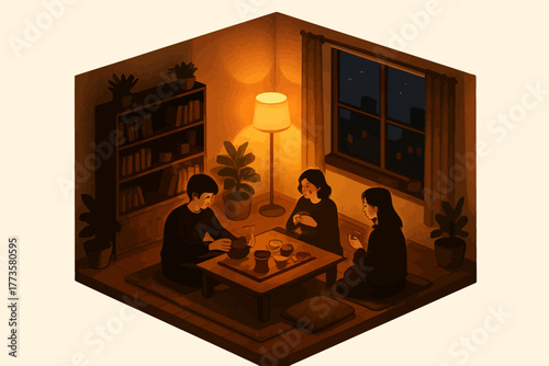 Cozy evening gathering with three asian young adults in warmly lit room