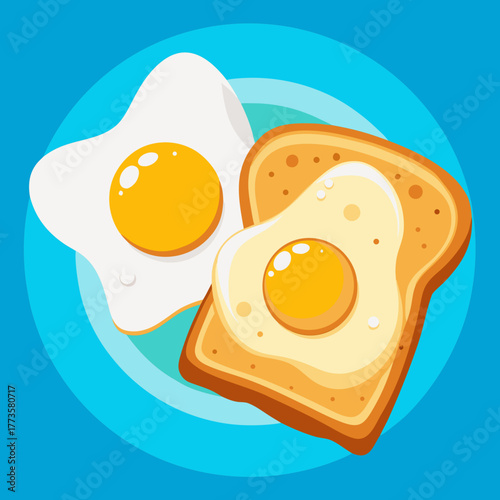 Breakfast Essentials: A cheerful illustration showcasing a delicious breakfast of perfectly cooked fried eggs alongside a golden slice of toast. A vibrant composition to brighten any project.
