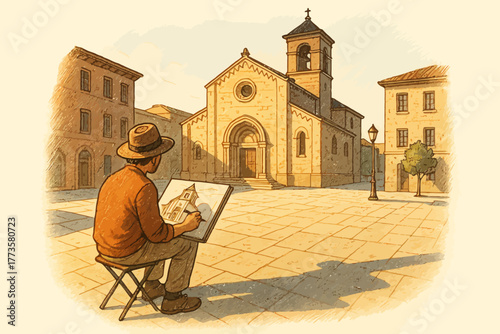 Male artist sketches historic church in serene european town square
