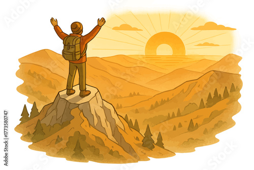 Young caucasian male hiker celebrating sunrise on mountain peak