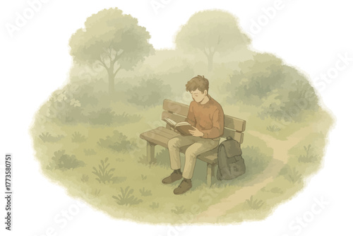 Young caucasian male reading on park bench in serene misty setting