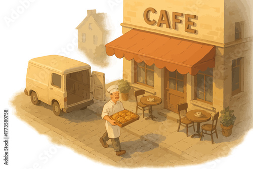 Caucasian male baker delivering fresh bread to quaint cafe in vintage setting