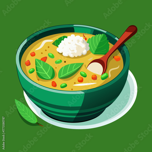 Vibrant Culinary Delights: A close-up illustration of a bowl filled with delectable soup, complemented with fresh greens, rice, and a wooden spoon, and arranged on a simple white plate. 