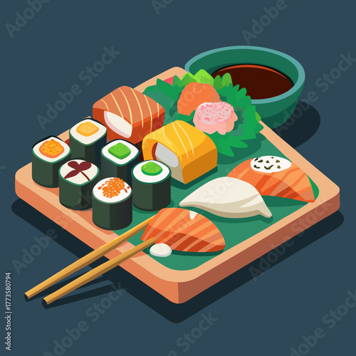 Sushi Platter Delight: An array of colorful sushi rolls and nigiri, delicately arranged on a wooden platter, next to a bowl of dipping sauce, with a pair of chopsticks ready for a culinary experience.