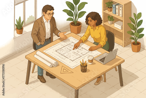 Hispanic female and caucasian male discuss architectural plans in office with plants and laptop