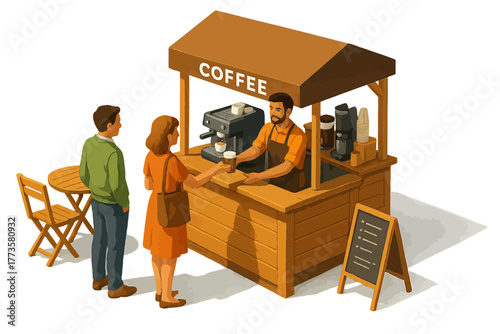 Caucasian female ordering coffee from hispanic barista at outdoor coffee stand