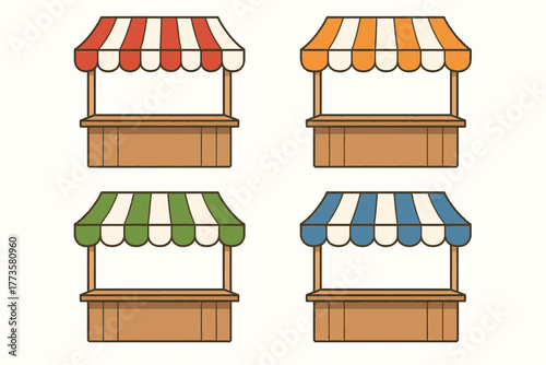 Colorful market stalls with striped awnings in red, orange, green, and blue