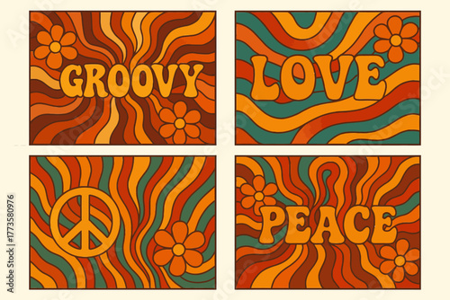 Colorful retro psychedelic art with groovy love and peace symbols