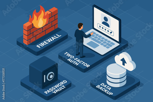 Cybersecurity concepts: firewall, two-factor authentication, password vault, and data backup illustrated
