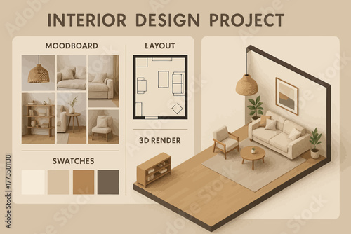 Interior design project: moodboard, layout, and 3d render for modern living room