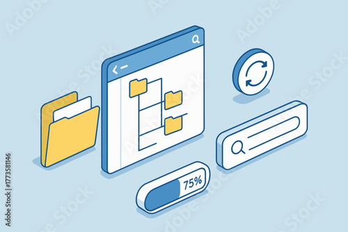 Illustrated file management interface with folders and loading bar