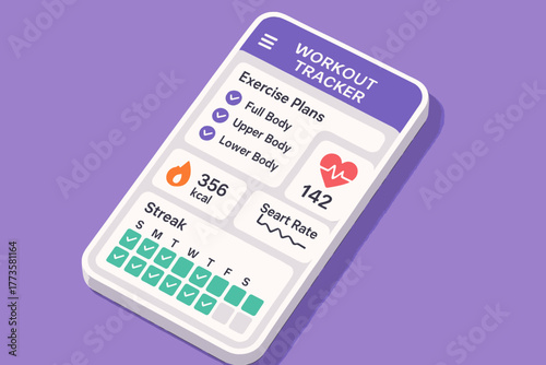 Purple workout tracker app interface with exercise plans and heart rate monitor