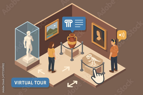 Virtual tour concept with interactive museum exhibits and diverse visitors