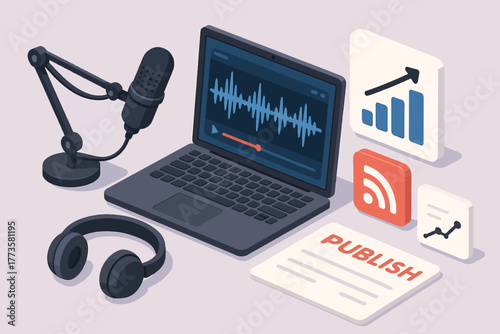 Podcast creation setup with microphone, laptop, and publishing icons