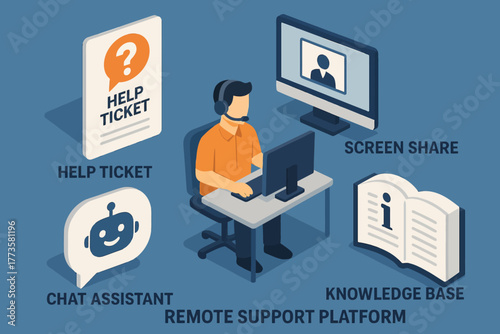 Remote support platform with help ticket, screen share, chat assistant, knowledge base