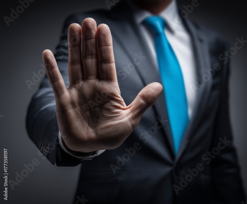 Businessman makes stop gesture with hand. concept of denial or warning