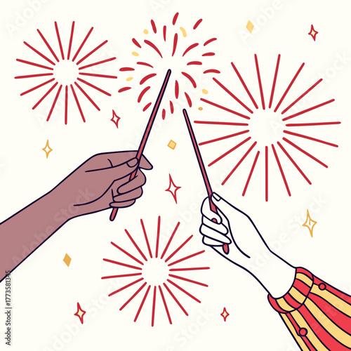Two hands holding sparklers with fireworks and stars celebrating a festive occasion