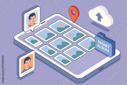 Isometric digital album on smartphone with male profiles and cloud icon