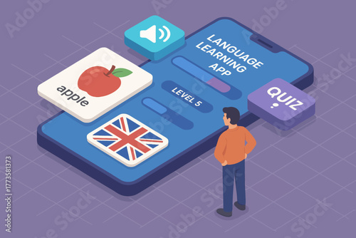 Male exploring language learning app with vocabulary and quiz features
