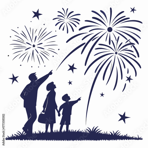 Family silhouette watching colorful fireworks display in the night sky with stars and grass below