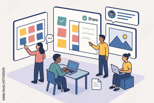 Diverse group engaged in collaborative office work with laptops and digital boards