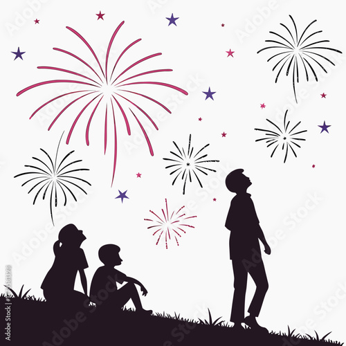 Children and young person silhouetted watching a colorful fireworks display in the night sky