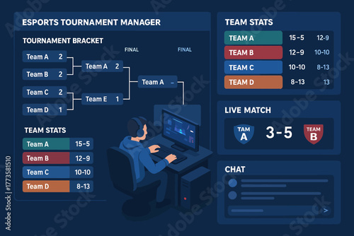 Esports tournament manager interface with bracket and team stats display