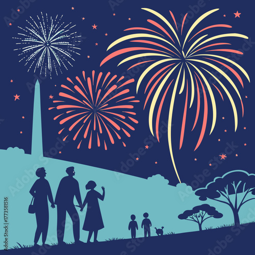 Family silhouettes watching colorful fireworks display over washington monument at night