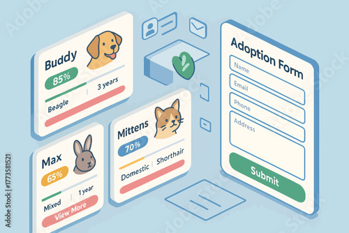 Online pet adoption interface with profiles of dog, cat, and rabbit