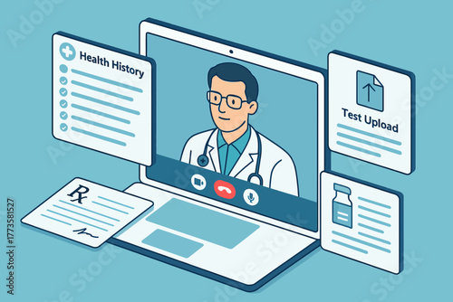 Virtual healthcare consultation: male doctor on laptop display with health history and test upload features