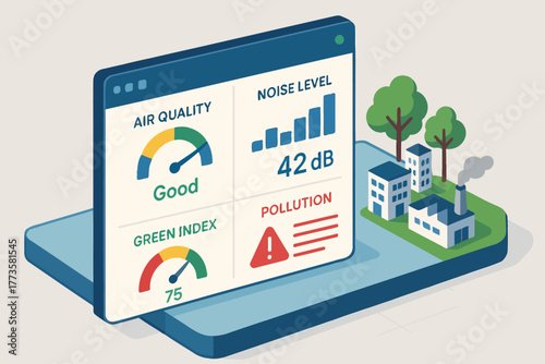 Environmental monitoring dashboard with air quality, noise level, and pollution indicators