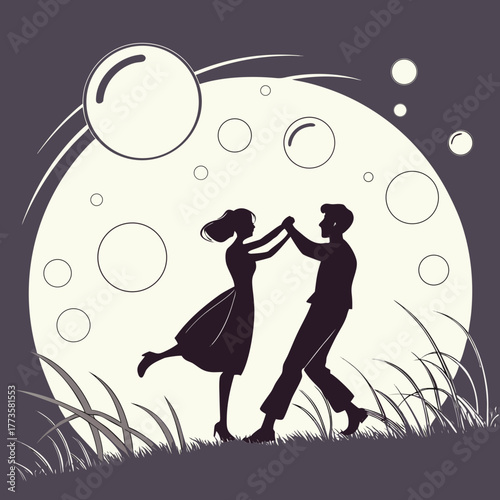 Romantic couple dancing under a large full moon with bubbles floating in the night sky