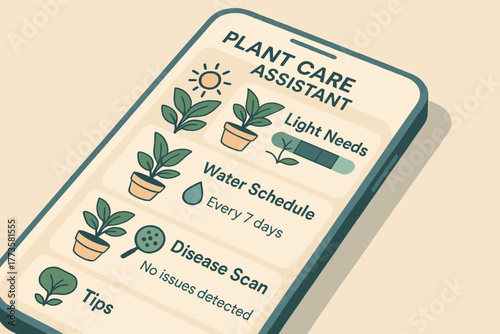 Plant care assistant app displaying light and water needs with disease scan feature