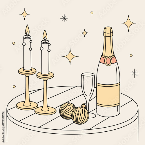 Elegant celebration scene with champagne bottle flute lit candles and festive ornaments on a table