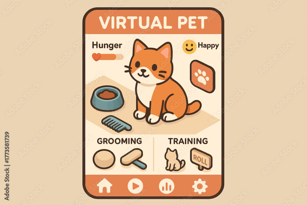 Virtual pet game interface featuring cute cartoon cat with interactive features