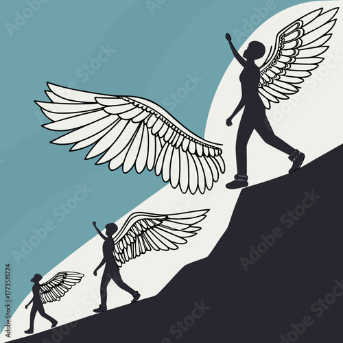 Silhouettes of people with wings ascending a mountain symbolizing growth and aspiration