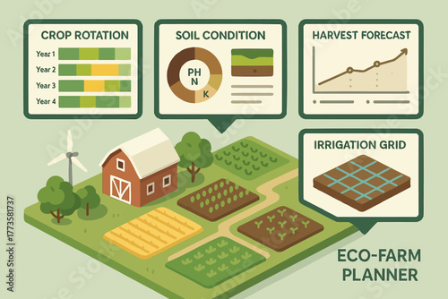 Eco-farm planner: sustainable agriculture infographic featuring crop rotation and irrigation grid